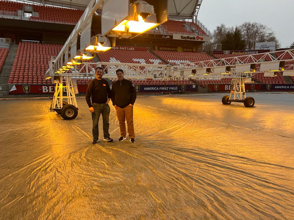 Dan Farnes and Simon Gumbrill under SGL grow lighting units at Real Salt Lake