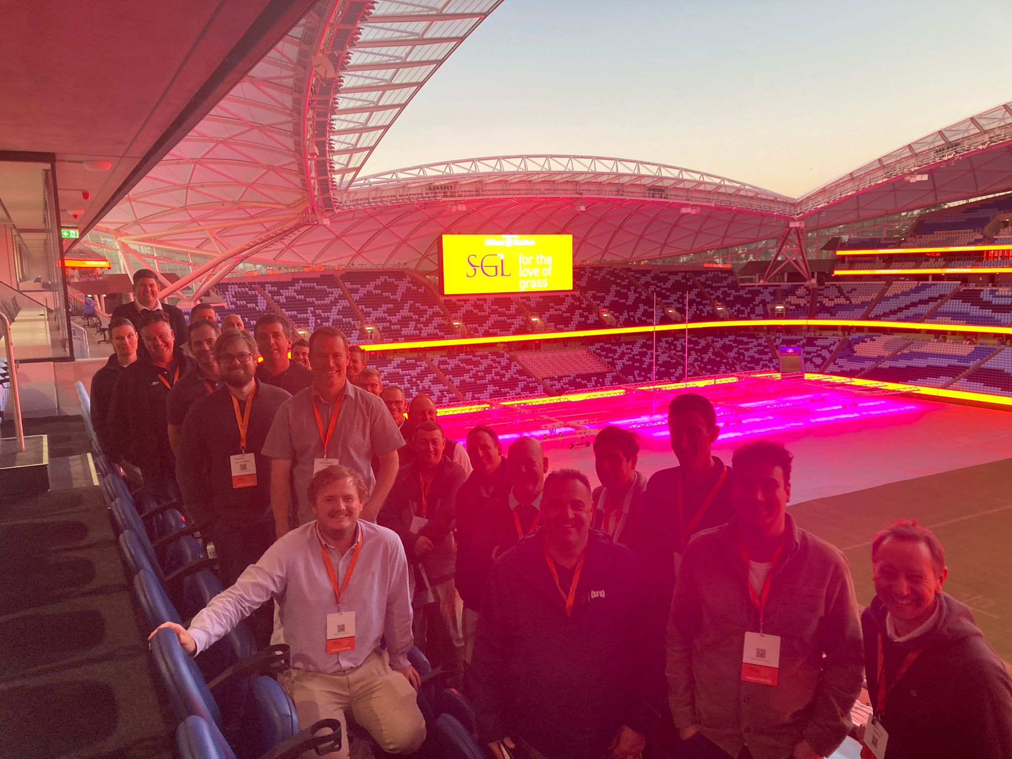 A group foto of the SGL showcase attendees at Allianz Stadium in Sydney, Australia.